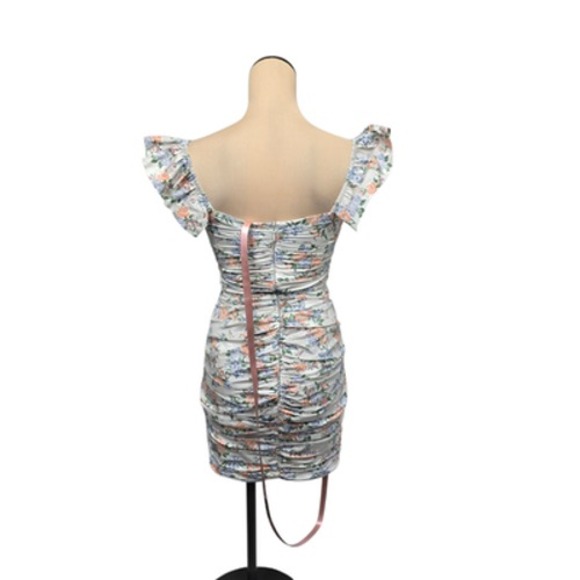 House of CB Mini Dress Womens Small Floral Kara Ruched Ruffle Sleeve Lace Up - Picture 3 of 12